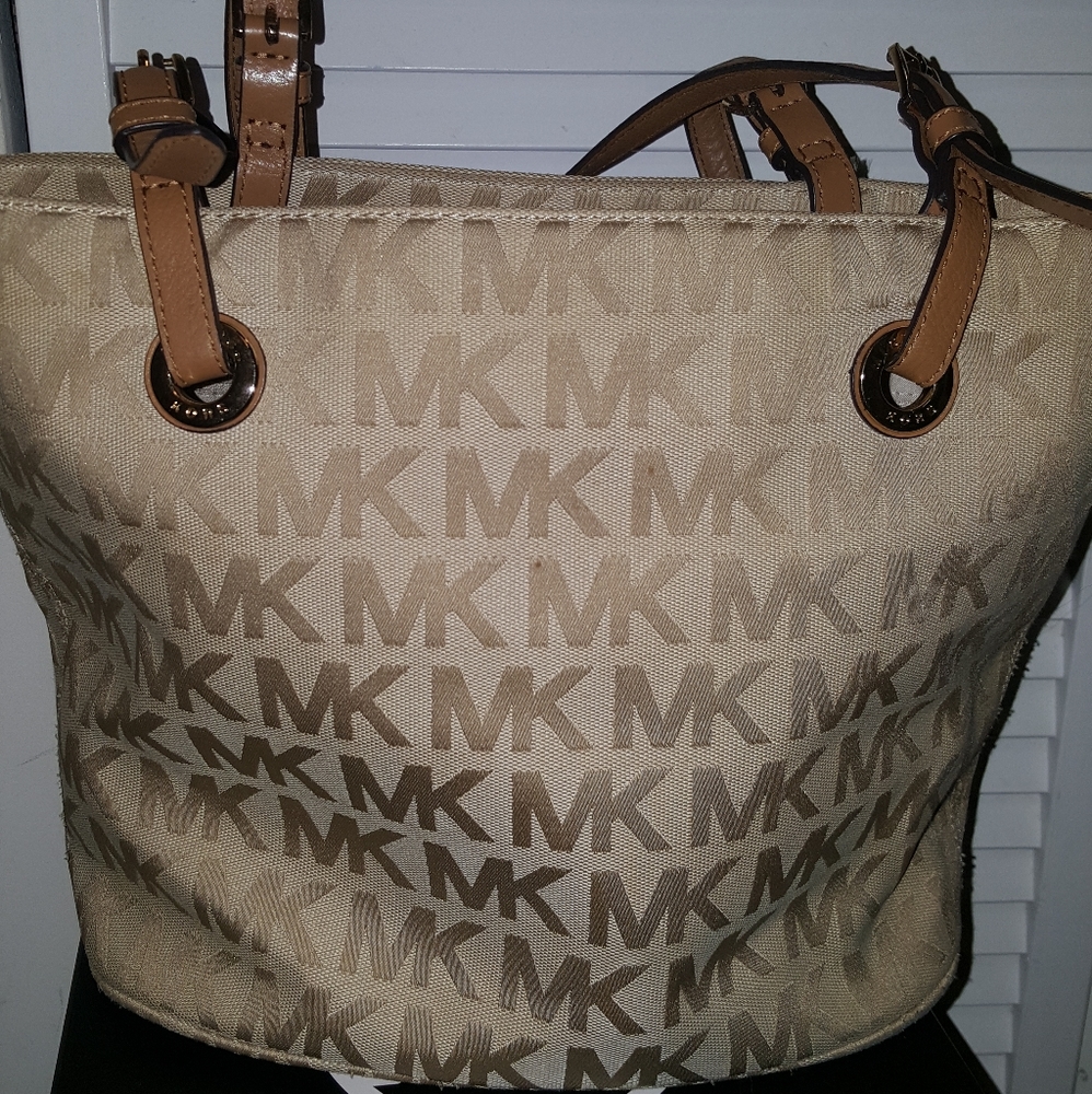 Authentic Michael Kors Tan Logo MK Print Bag
